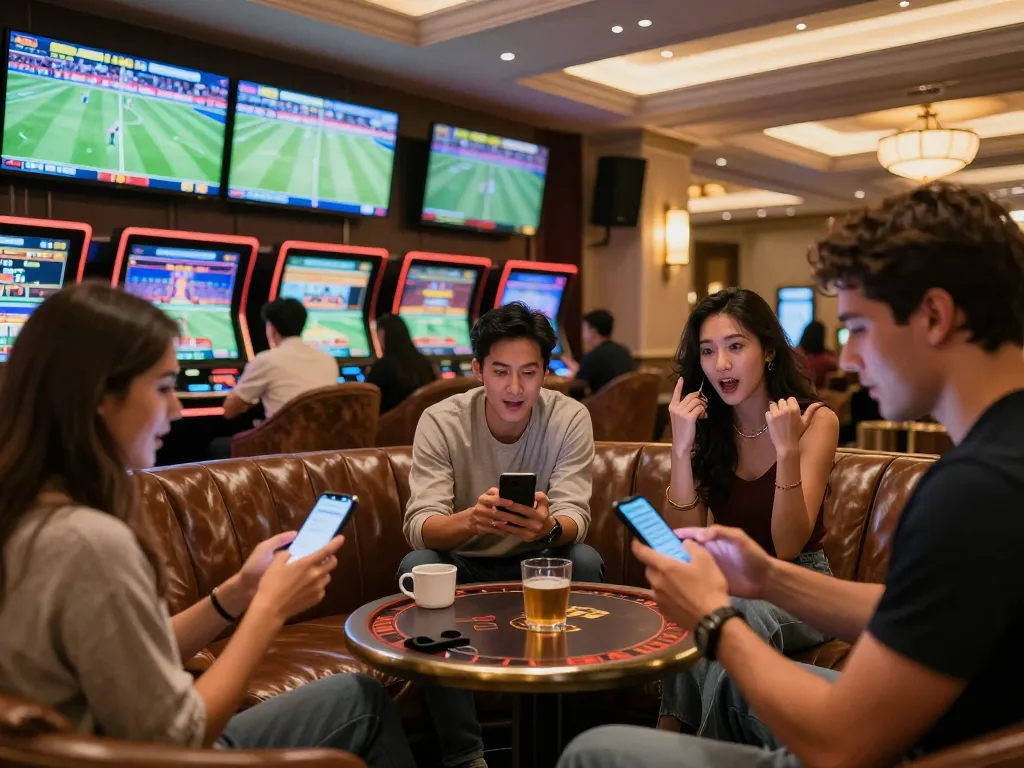 Suasana lounge taruhan SBOBET88 dengan teman-teman yang menikmati taruhan olahraga dan aplikasi mobile, atmosfer yang hidup.