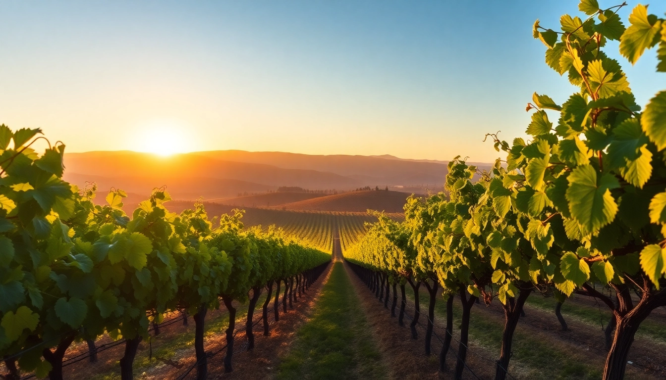 Stunning vineyards in Clarksburg ca radiating under a warm sunset.