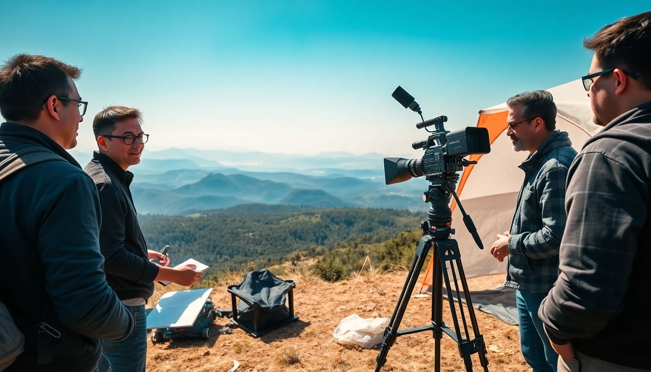 Location scouting during a film shoot with diverse landscapes and a professional crew onsite.