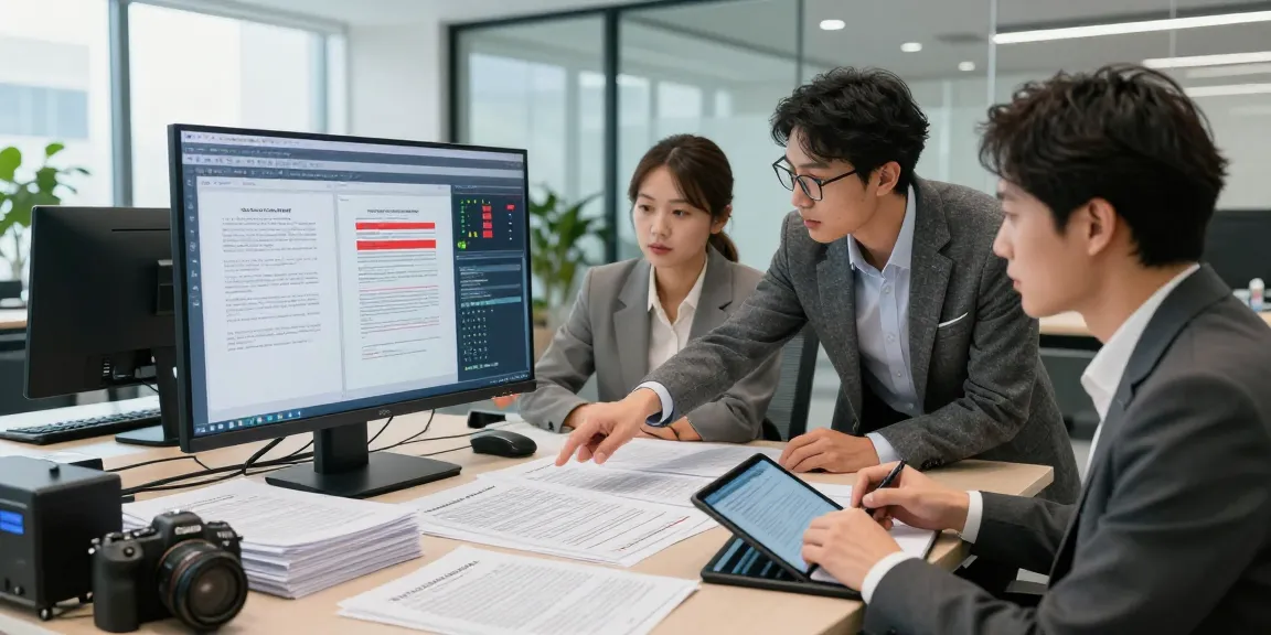 Document fraud detection team analyzing discrepancies in a modern office setting.