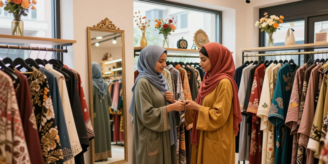 Engaging scene at a hijabi store, showcasing stylish outfits and colorful hijabs.