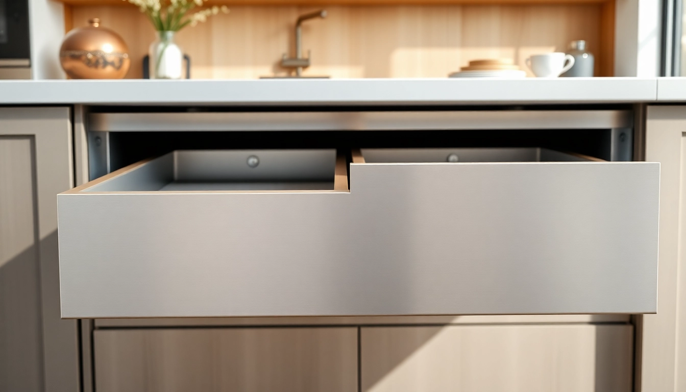 Showcase the functionality of a Double Wall Drawer System in a stylish kitchen environment.