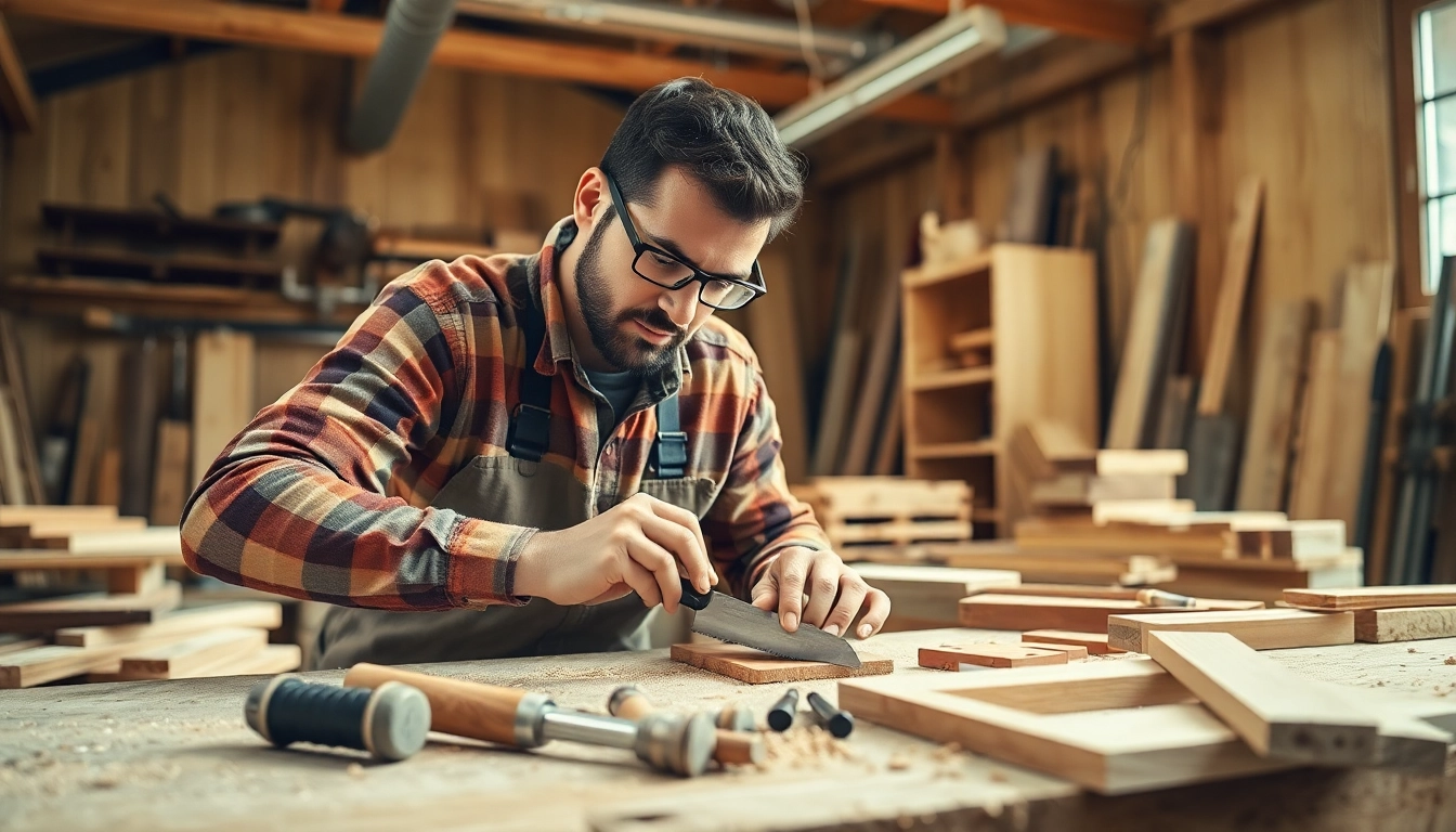 Engaged carpenter showcasing skills in a carpentry apprenticeship within a workshop.
