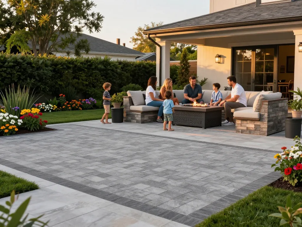 Paver driveway near me featuring a stylish outdoor space with a family gathering around a fire pit and landscaped yard.