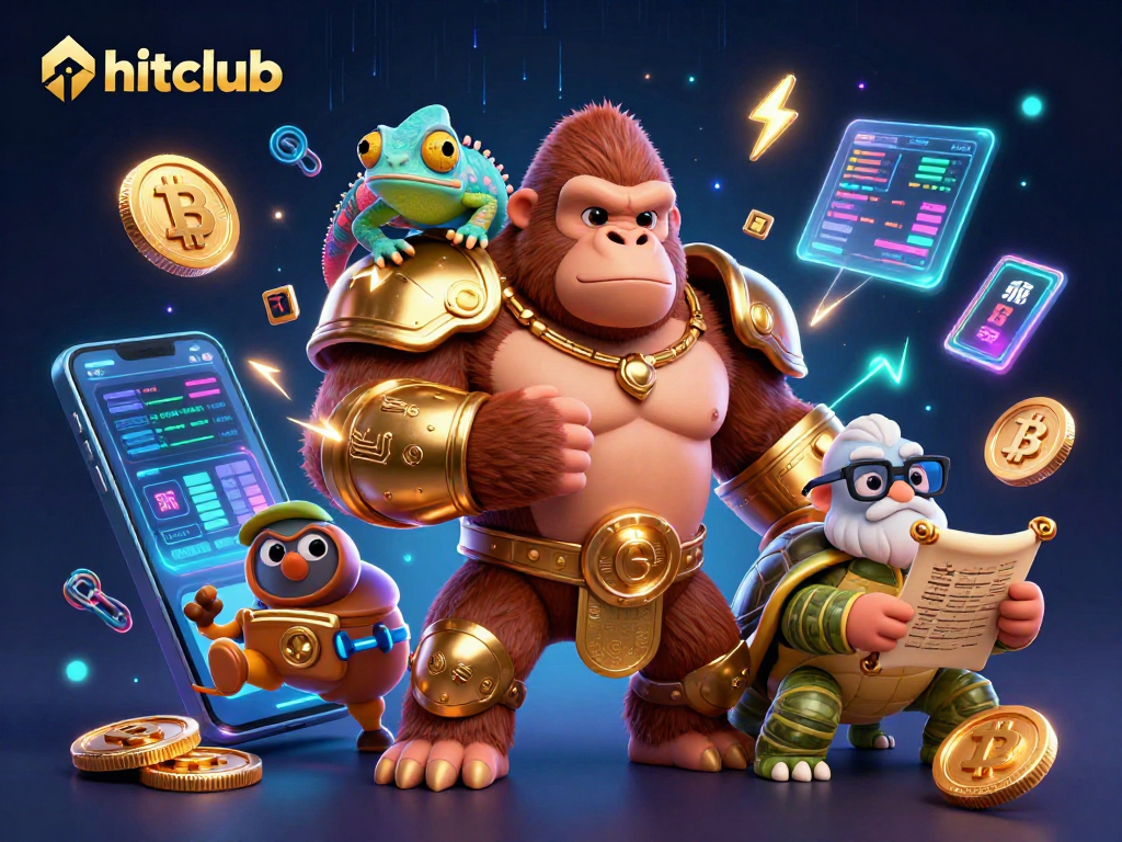 Engage with hitclub's vibrant casino experience, featuring a dynamic gorilla king, chameleon, and tortoise amidst crypto elements.