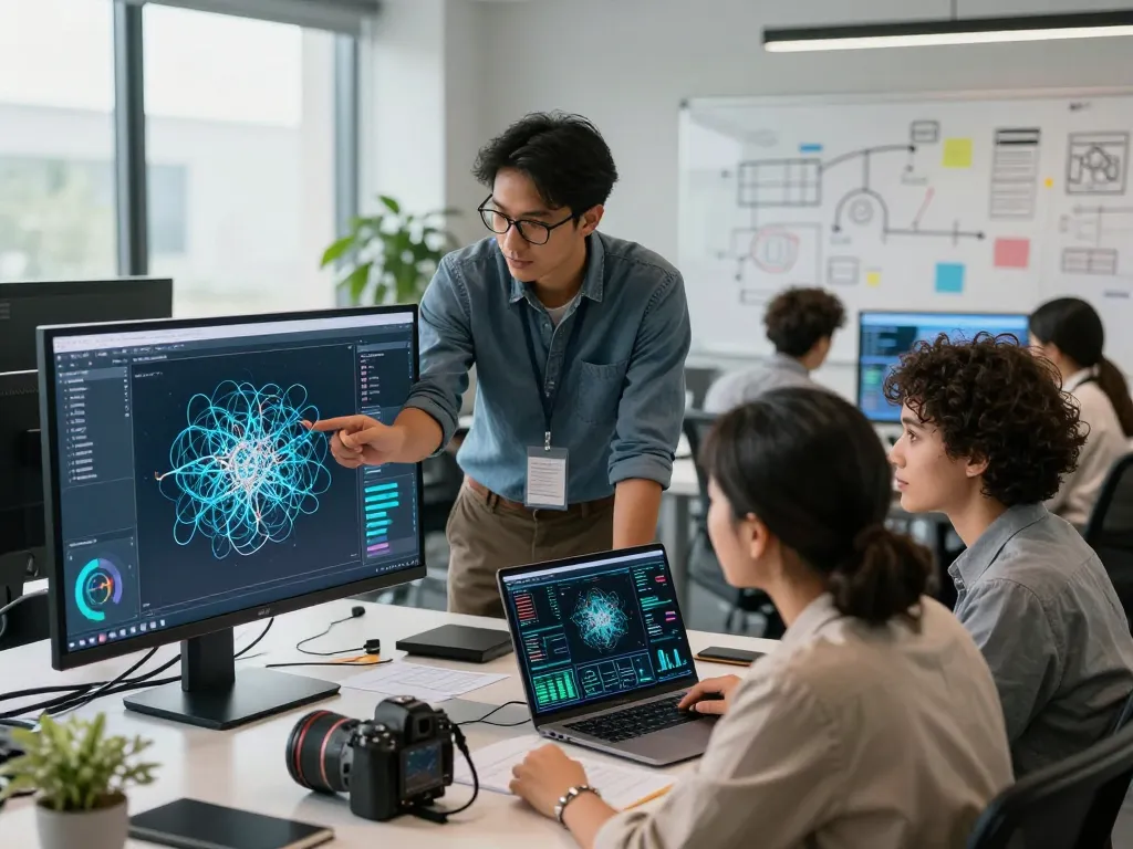 Tech professionals collaborate using mind control ai tools in a modern office.