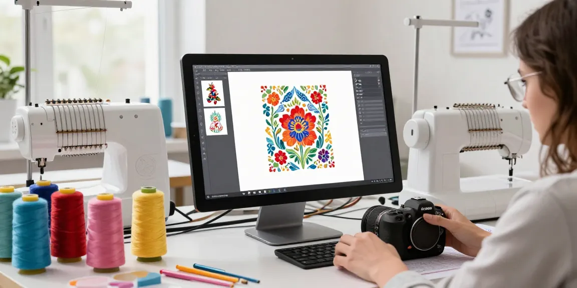 Using png to jef converter online free in a modern sewing studio with vibrant threads.