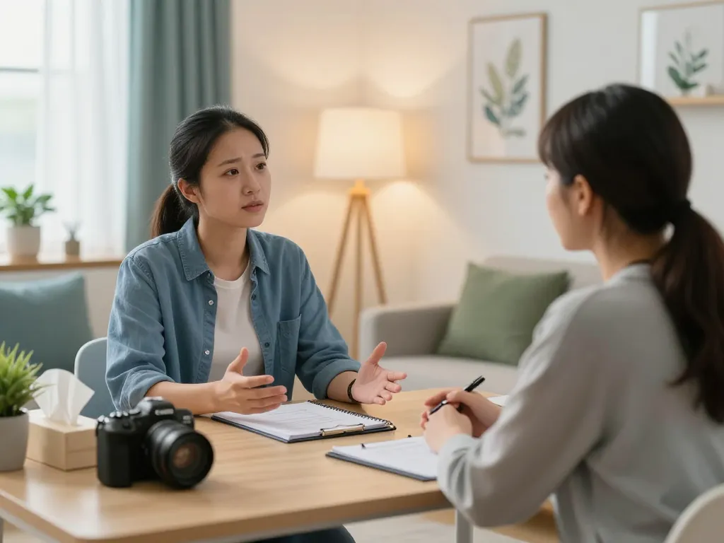 Therapist discussing ADHD with patient in a calming therapy room.