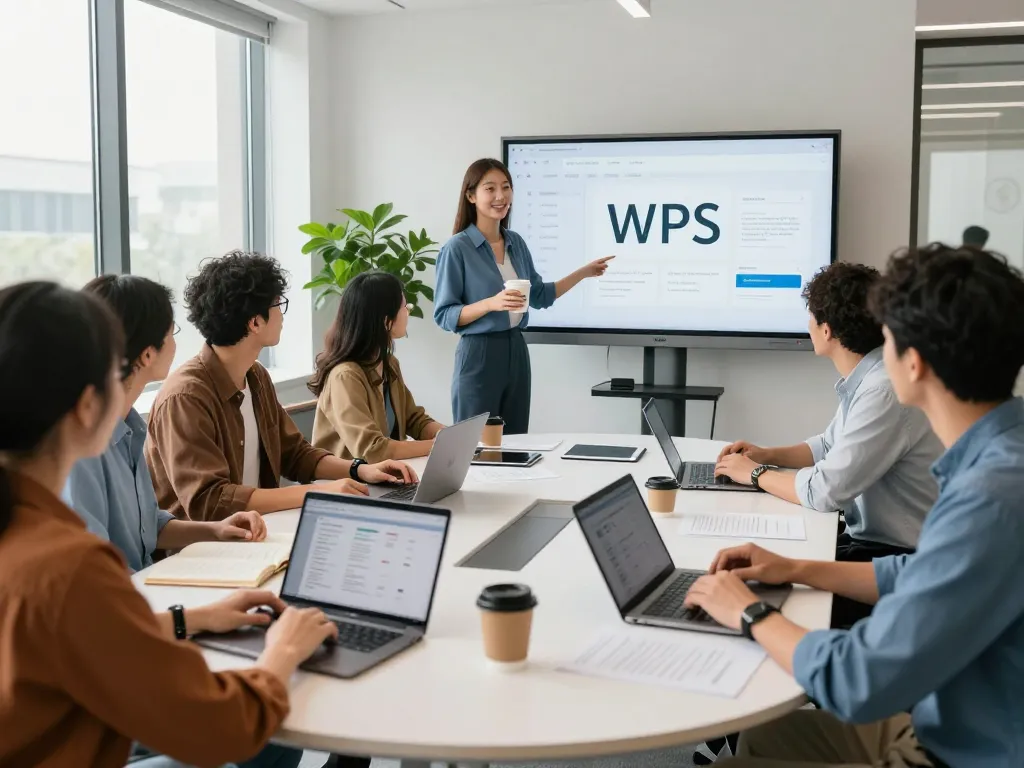 Team collaboration at wps官网 showcasing WPS Office tools in a vibrant office setting.