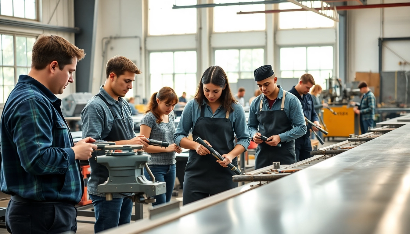 Engage in practical sheet metal training with diverse students in action at a workshop.