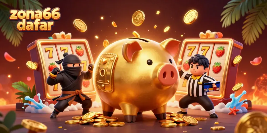 Ilustrasi zona66 daftar menampilkan pemenang slot bertarung dengan ninja dan samurai, penuh ikan emas dan simbol keberuntungan.