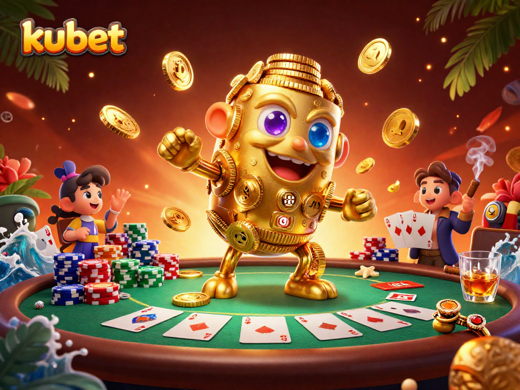Kubet's vibrant gaming scene, showcasing a golden golem and poker elements, offering thrilling casino action.