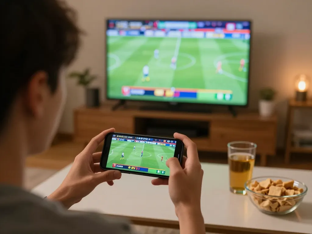 Pengguna mobile SBOBET terlibat dalam taruhan olahraga langsung sambil menonton pertandingan