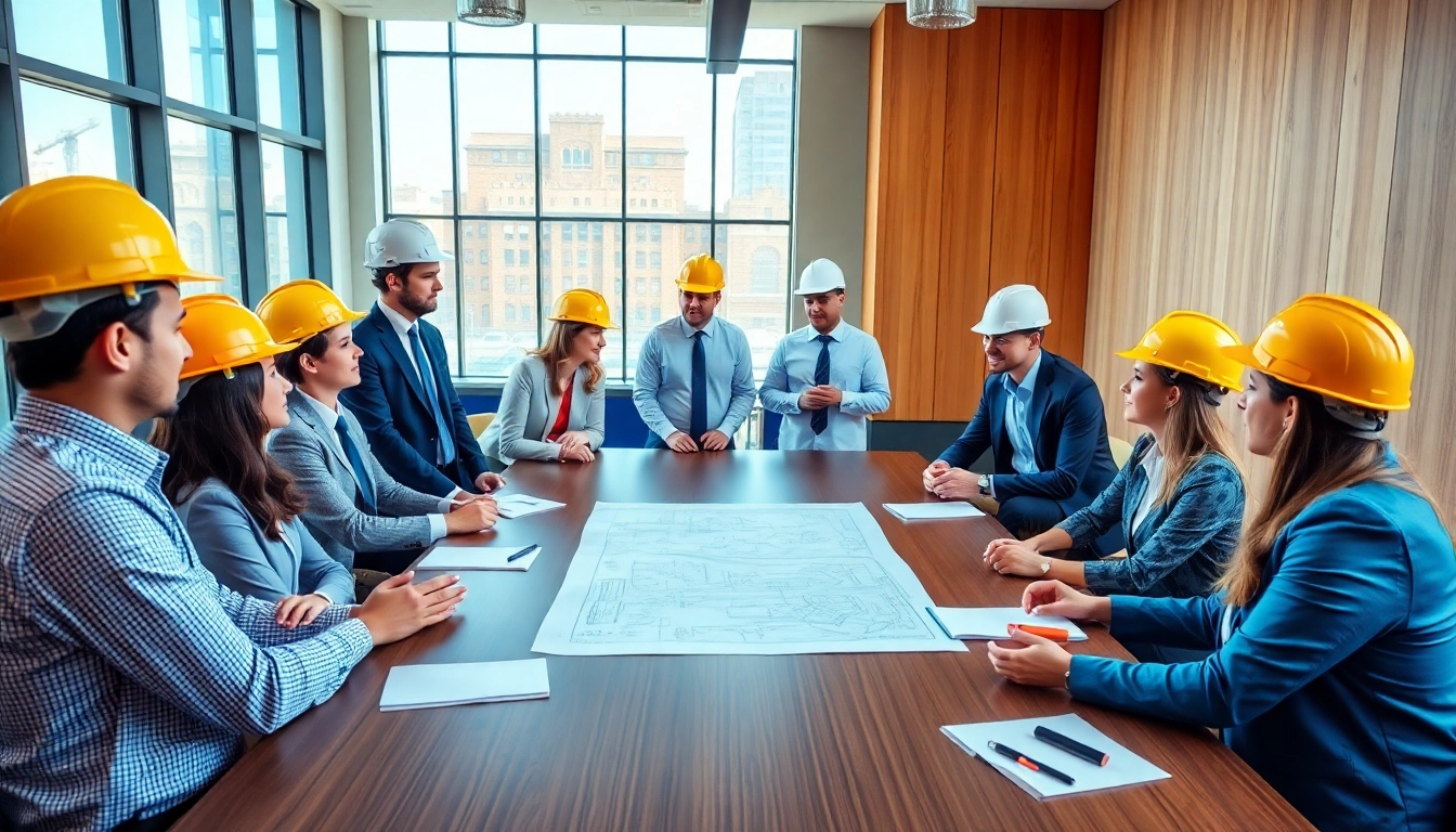 Professionals collaborating in a construction association meeting with blueprints and natural light.