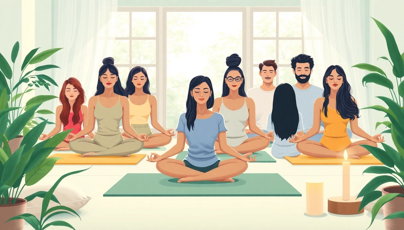 Embrace mental health tips with a diverse group practicing mindfulness in a serene space.