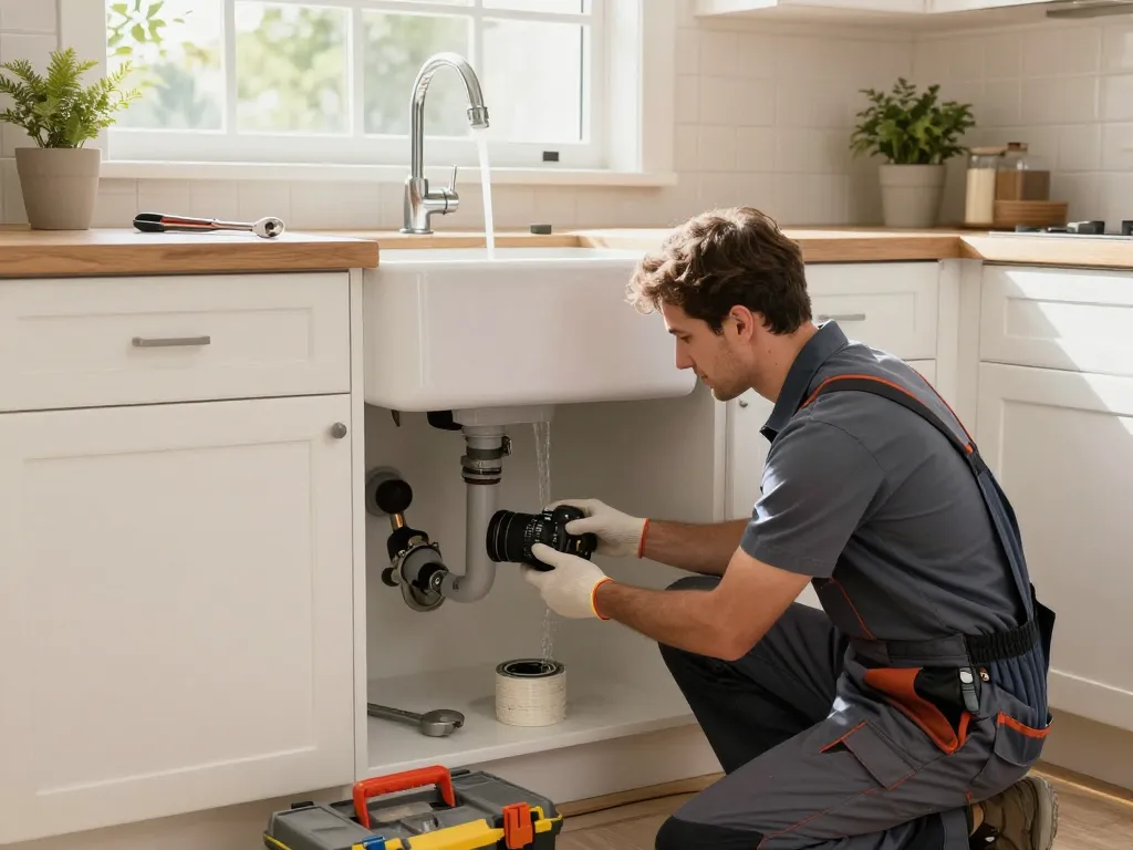 Plumbing in Las Vegas - Professional plumber inspecting under a kitchen sink with tools in a bright home environment.