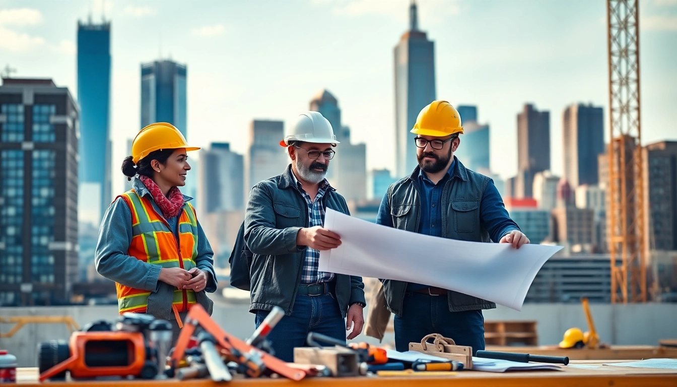 New York City General Contractor collaborating on a blueprint at a construction site.
