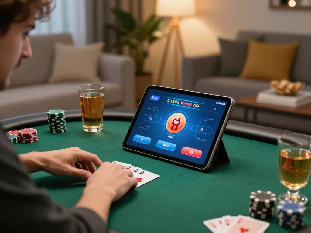Situs Poker Lapak303 player engaging in online poker with excitement in a cozy home setting.