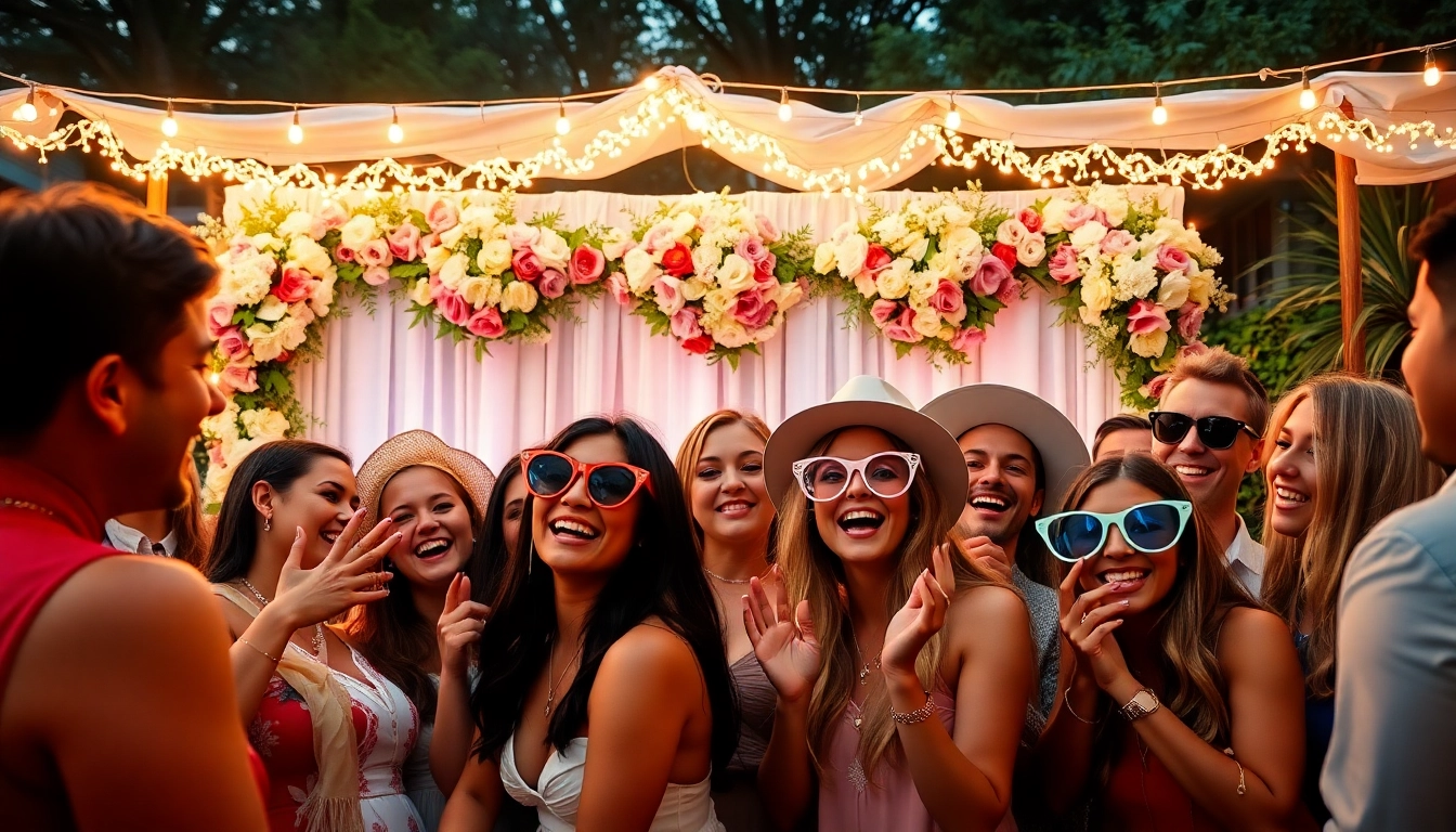 Guests enjoying a photo booth rental experience at a joyful outdoor wedding celebration.