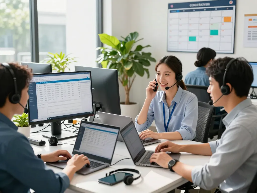 AI receptionist for home services team efficiently managing customer inquiries and scheduling at a modern dispatch center.