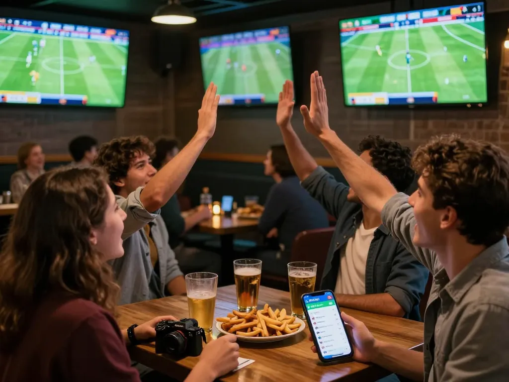 Socolive app displayed on smartphone while excited fans cheer for live football matches at a sports bar