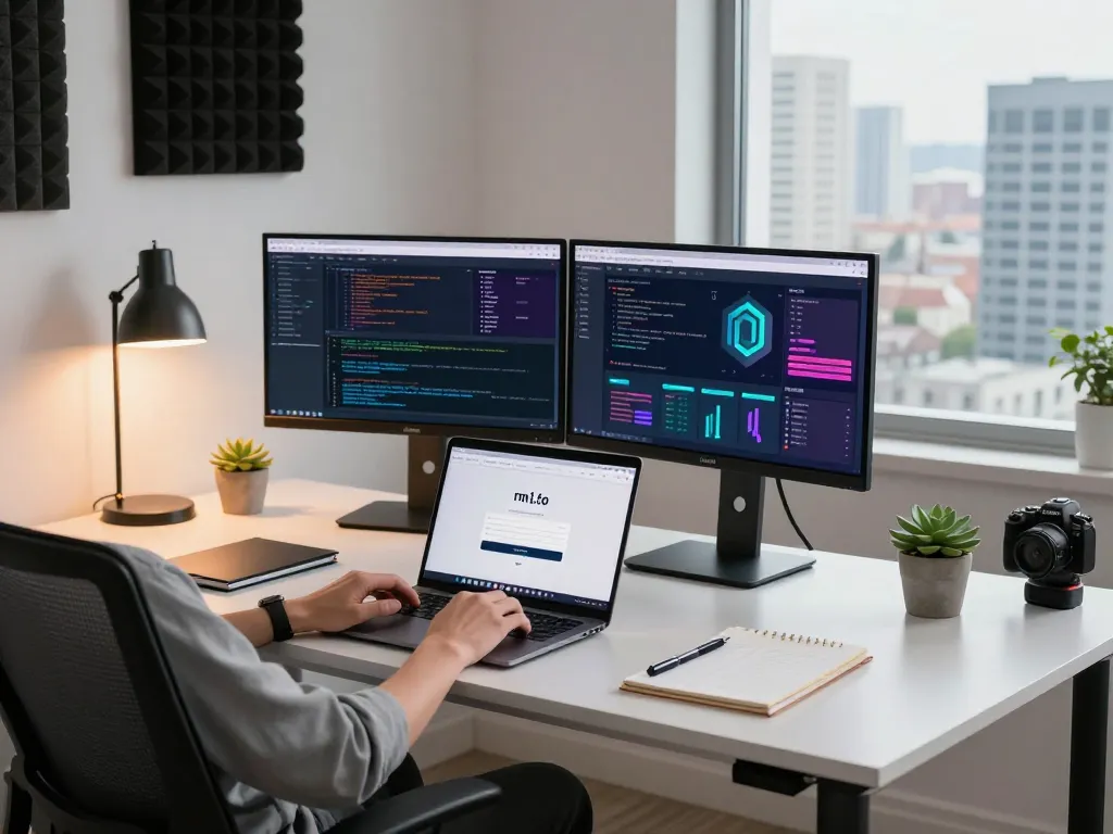 Accessing rm1.to login page on a sleek workspace with analytics and tech gadgets.