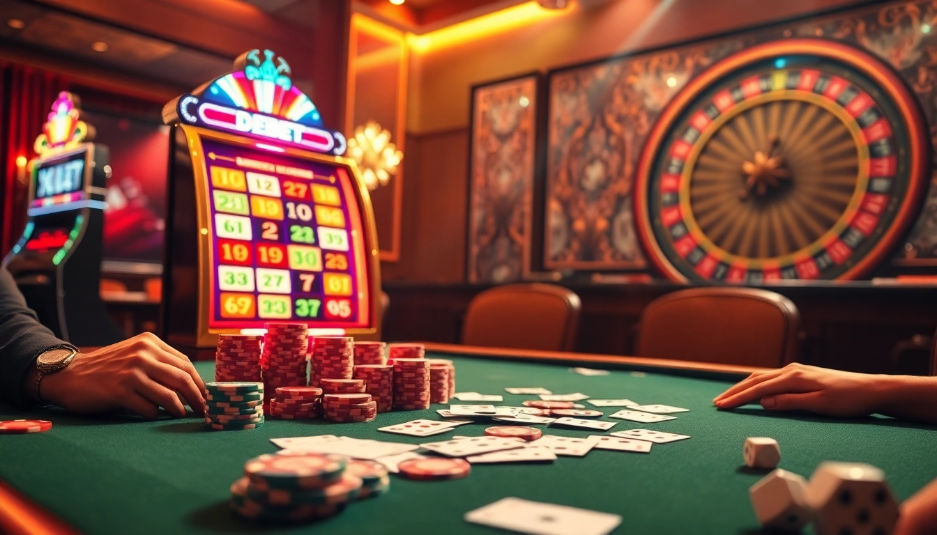 Cổng Game DEBET showcases an exciting casino environment with poker tables, chip stacks, and dynamic slot machines.