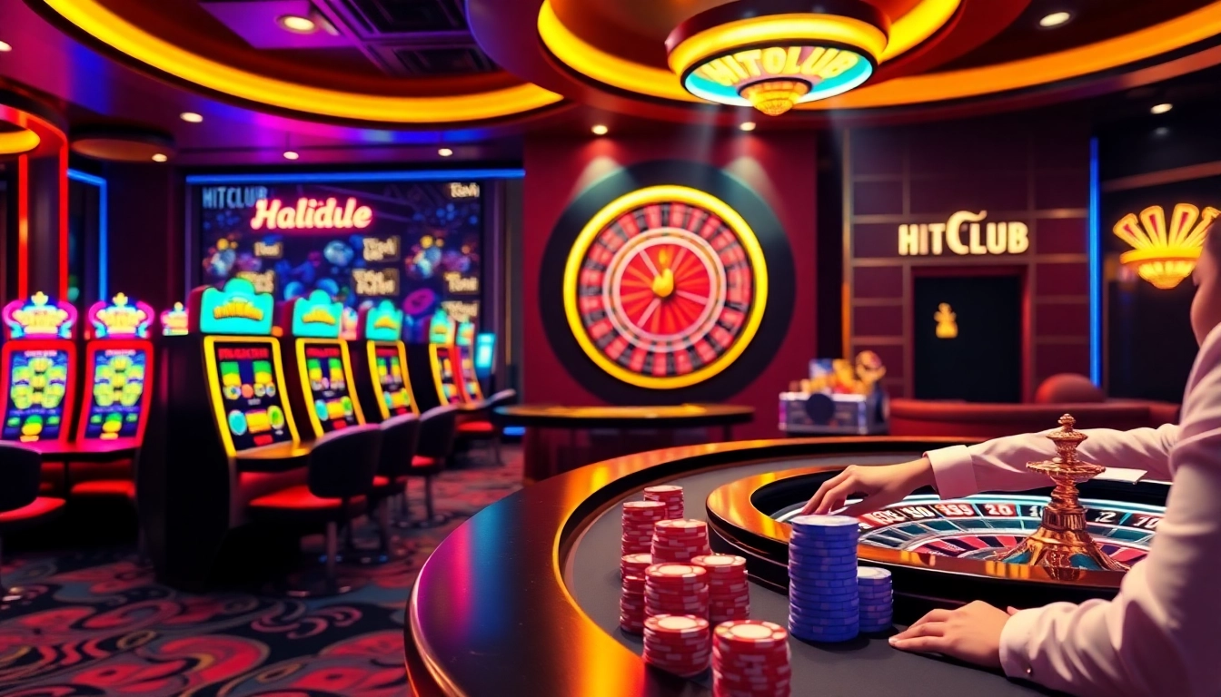 HITCLUB casino interface showcasing players strategizing at gaming tables with vibrant lights.