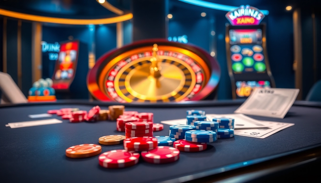 XIN88 casino scene with a roulette wheel, glowing chips, and vibrant slot machine.
