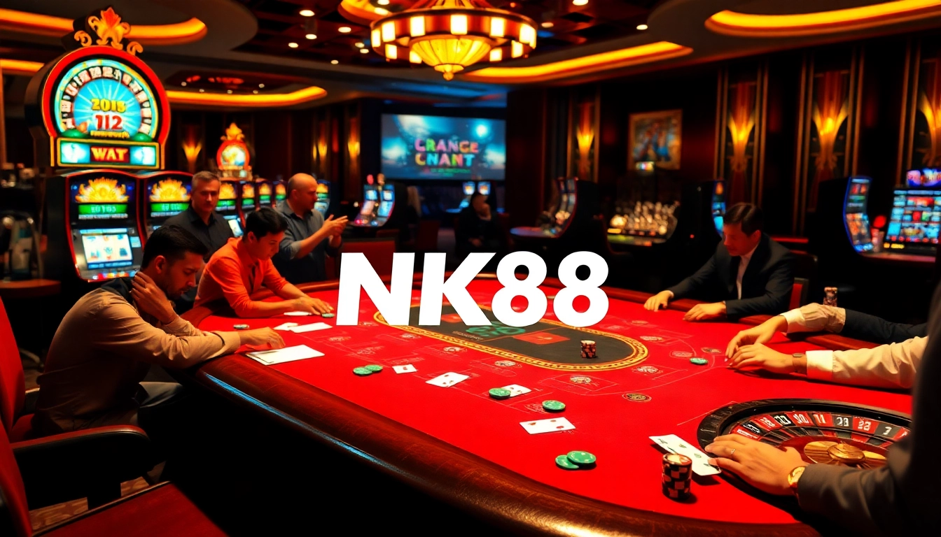 NK88 gaming table scene showcasing poker action and vibrant casino elements.