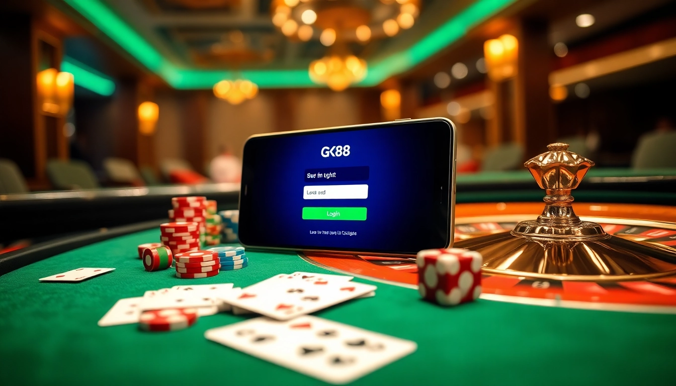 Experience GK88 with exciting casino elements like poker chips, cards, and a luxe gaming interface.