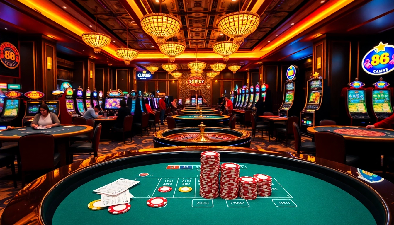 A vibrant online gambling interface showcasing lô đề 88 with poker tables and colorful betting slips.