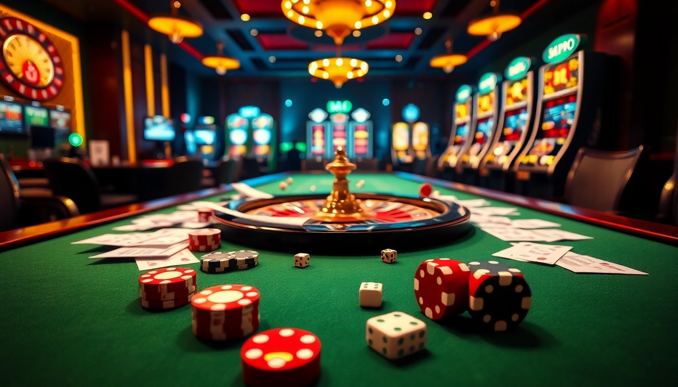 Exciting gambling scene at ku 88 casino with poker chips and roulette wheel.