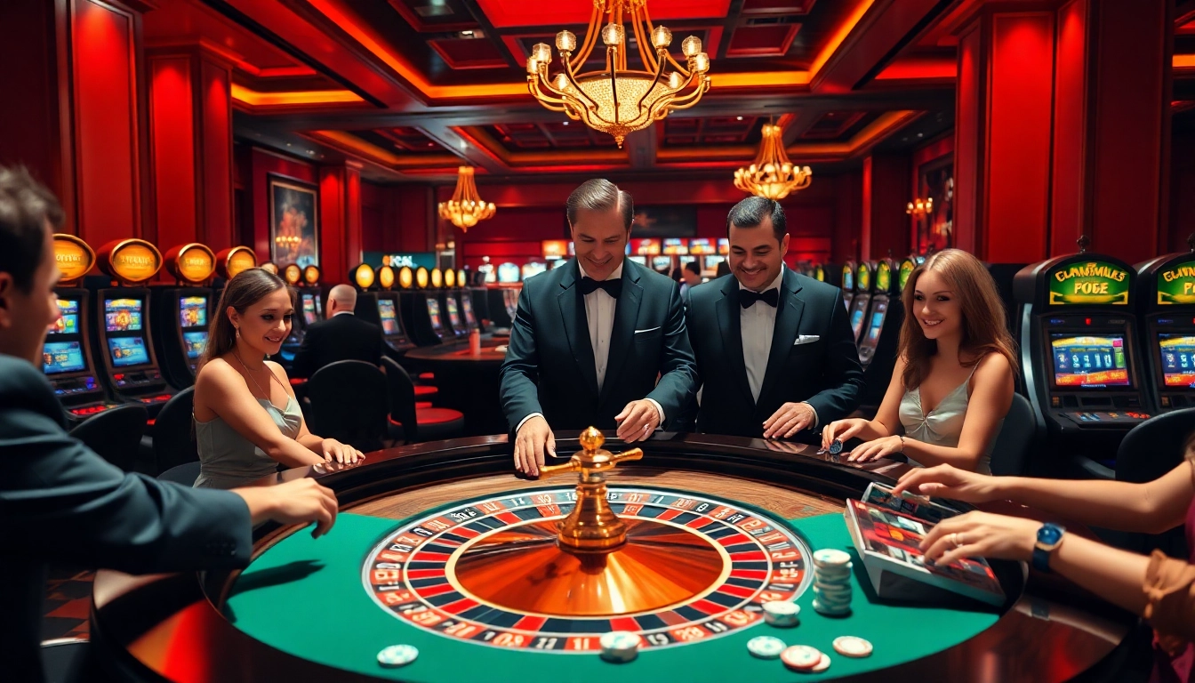 Engaging casino scene showcasing gaming excitement at https://bem88.com with roulette, poker chips, and lively players.