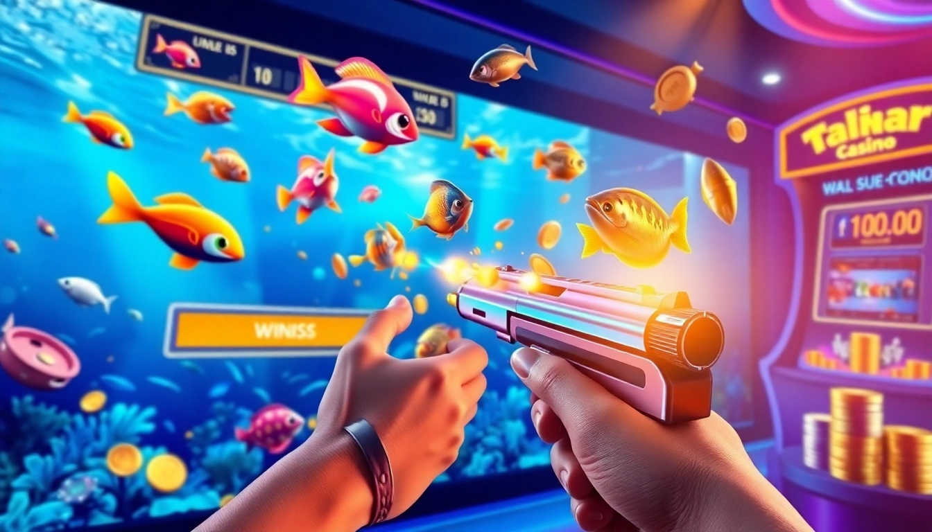 Bắn cá đổi thưởng game interface showing vibrant fish targets and virtual rewards, creating an exciting gambling atmosphere.