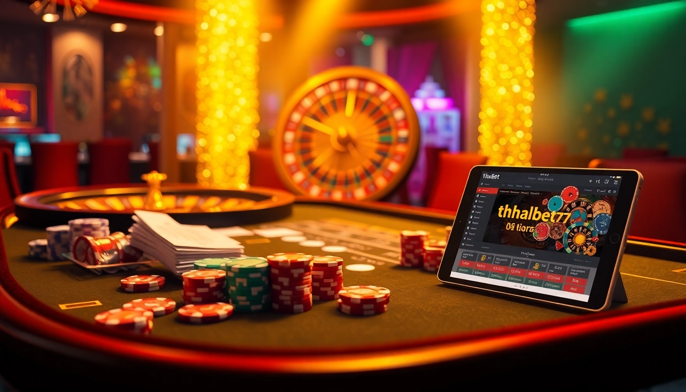 Experience thrilling gambling action at https://thabet77.sa.com/ with vibrant casino tables and poker chips.