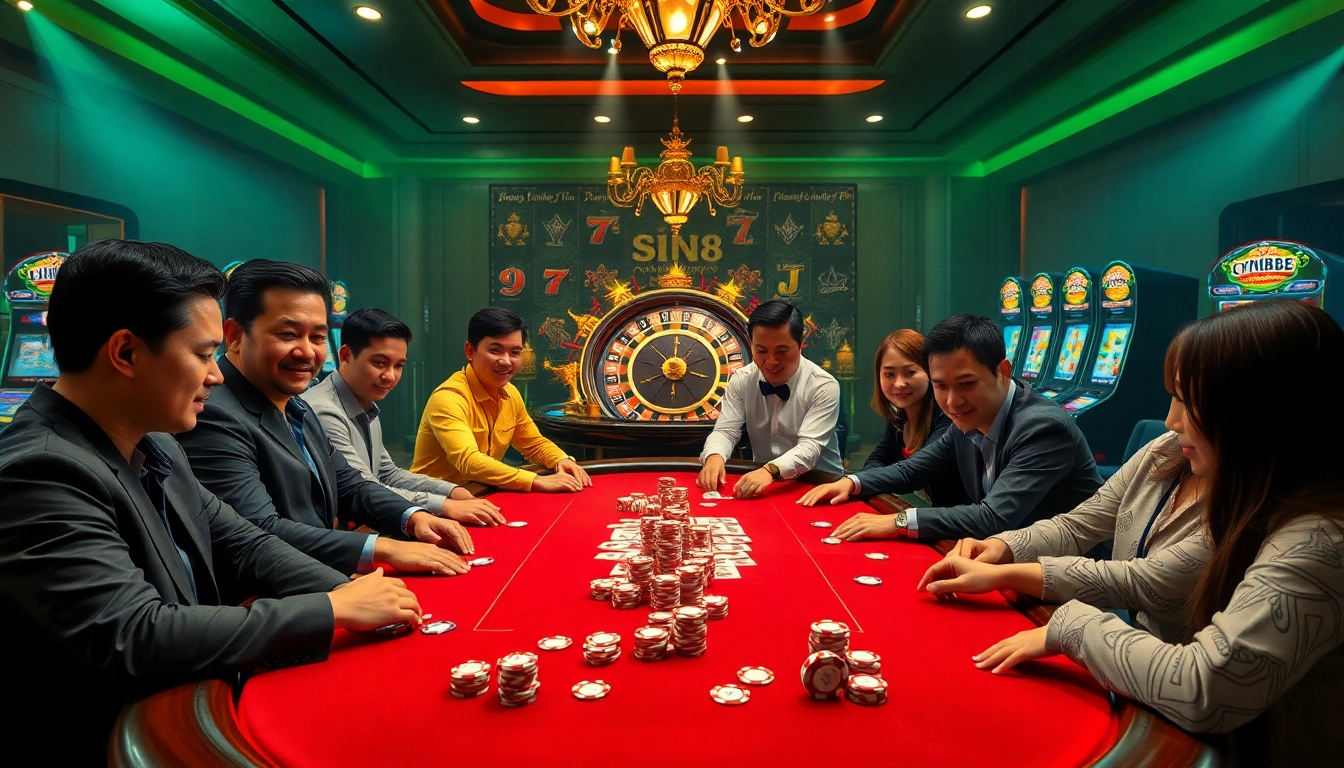 SIN88 players strategically placing bets at a sleek poker table in a luxury casino.