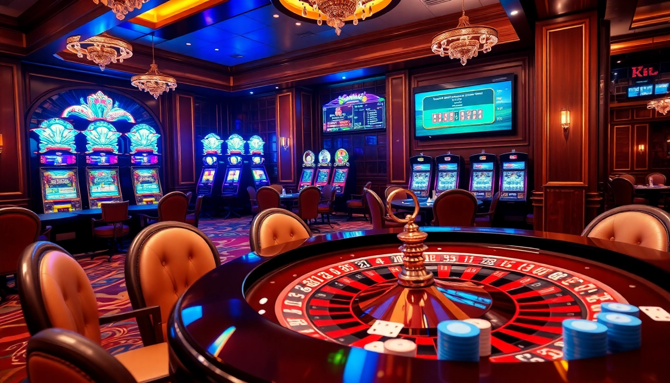 Engage in thrilling gameplay at https://king88hz.vip/ with a luxurious casino scene filled with vibrant slot machines and elegant tables.