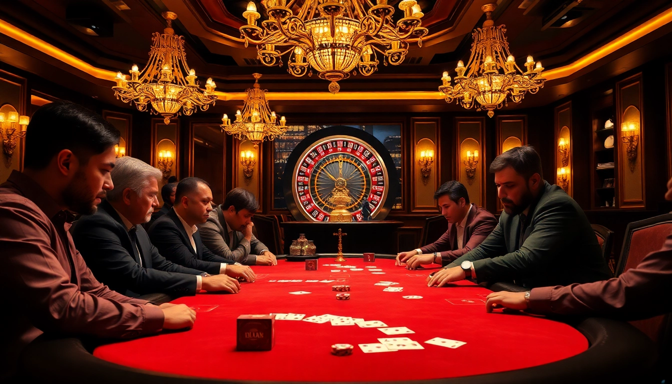 Experience the thrill of game bài đổi thưởng at a luxurious poker table in a vibrant casino atmosphere.