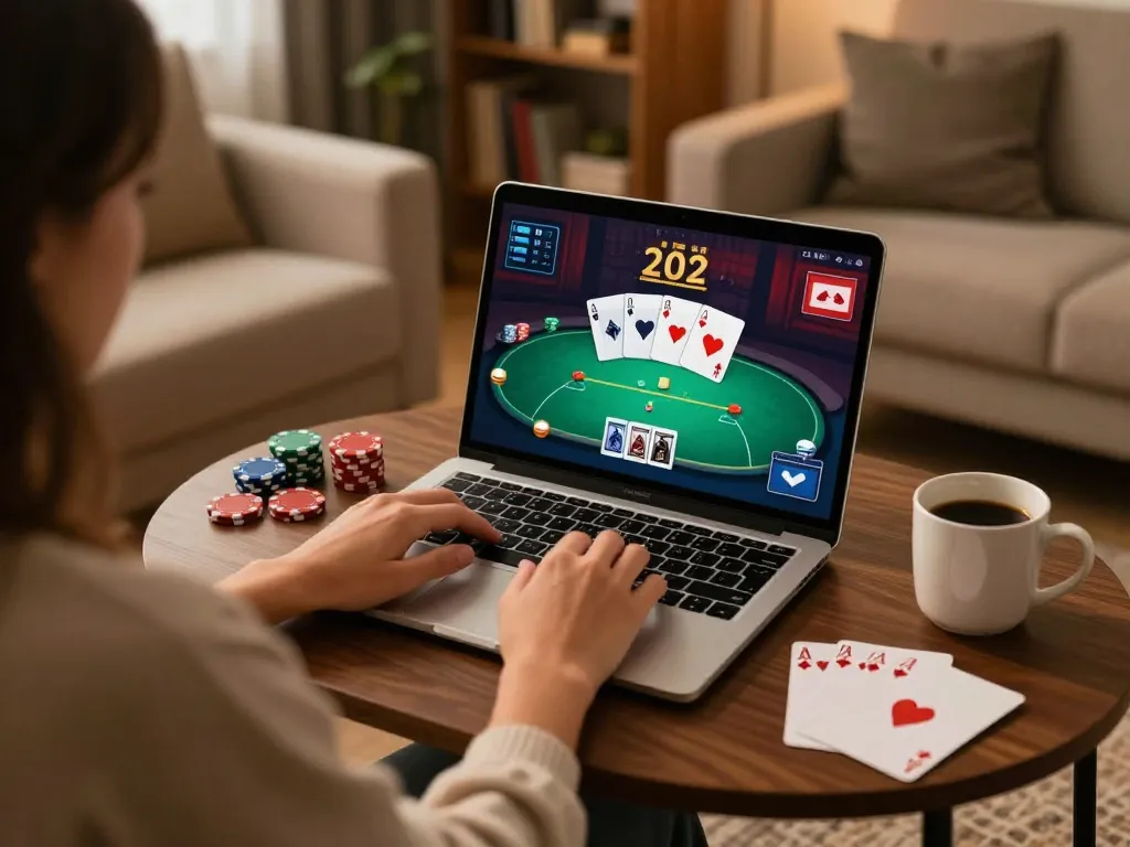Experience online poker at https://f168biz.com/ with an inviting home setup, featuring a player engaged in strategic gameplay.