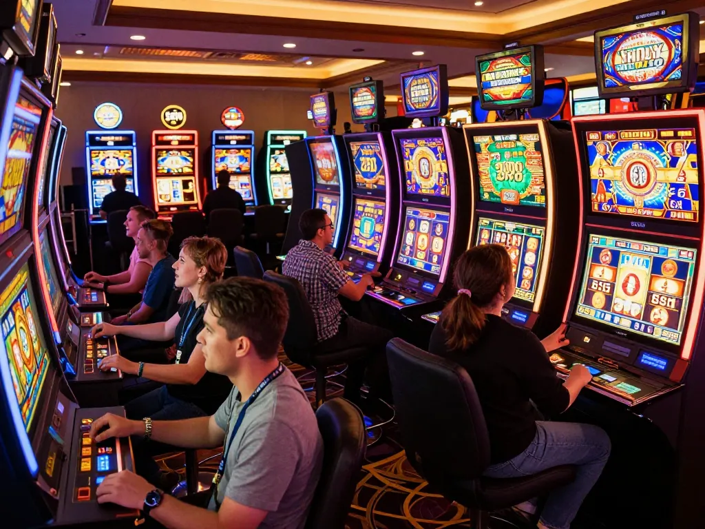 Gem88 players celebrating wins at vibrant slot machines in an exciting casino atmosphere