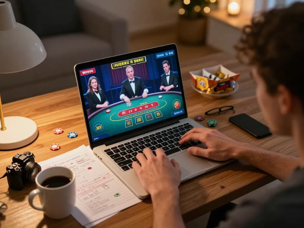Player enjoying live dealer blackjack on laptop while engaging with FC88 strategies at home.