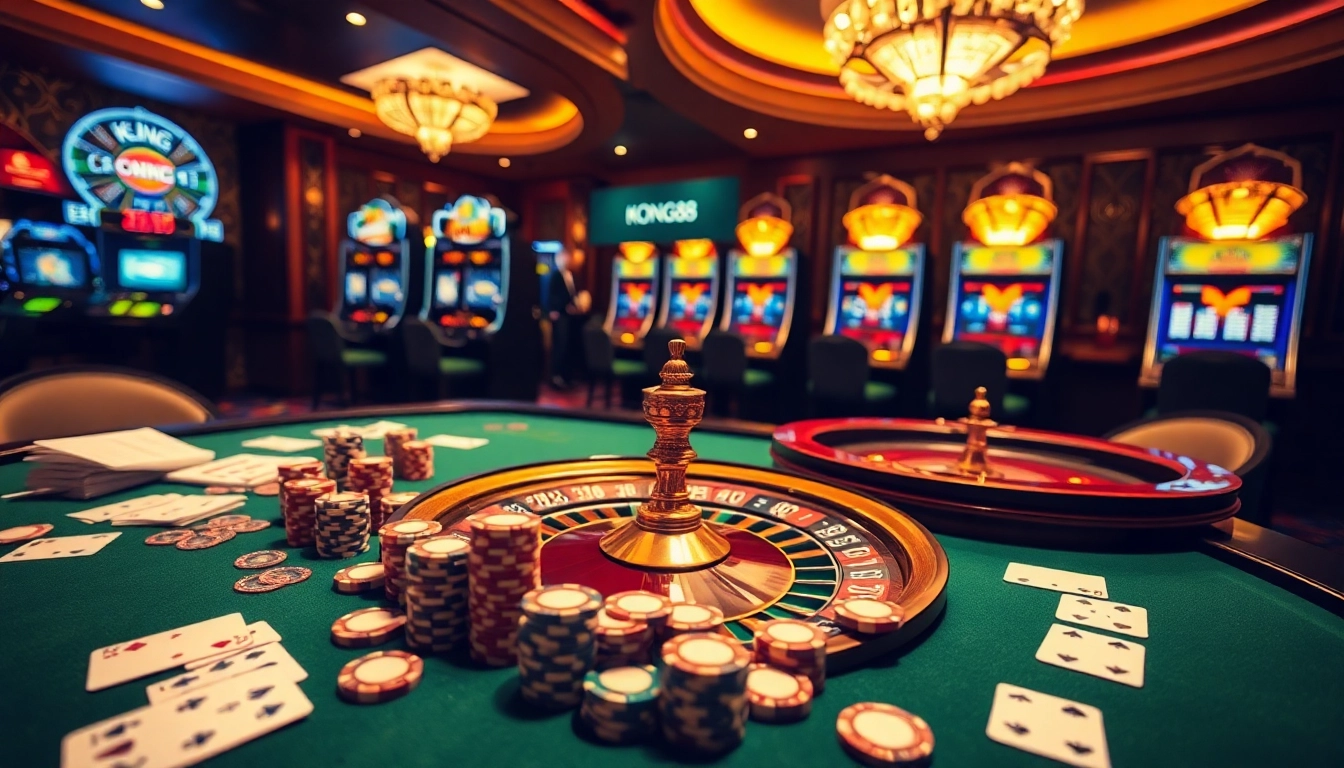 KONG88 poker chips and roulette wheel highlight a thrilling casino atmosphere.