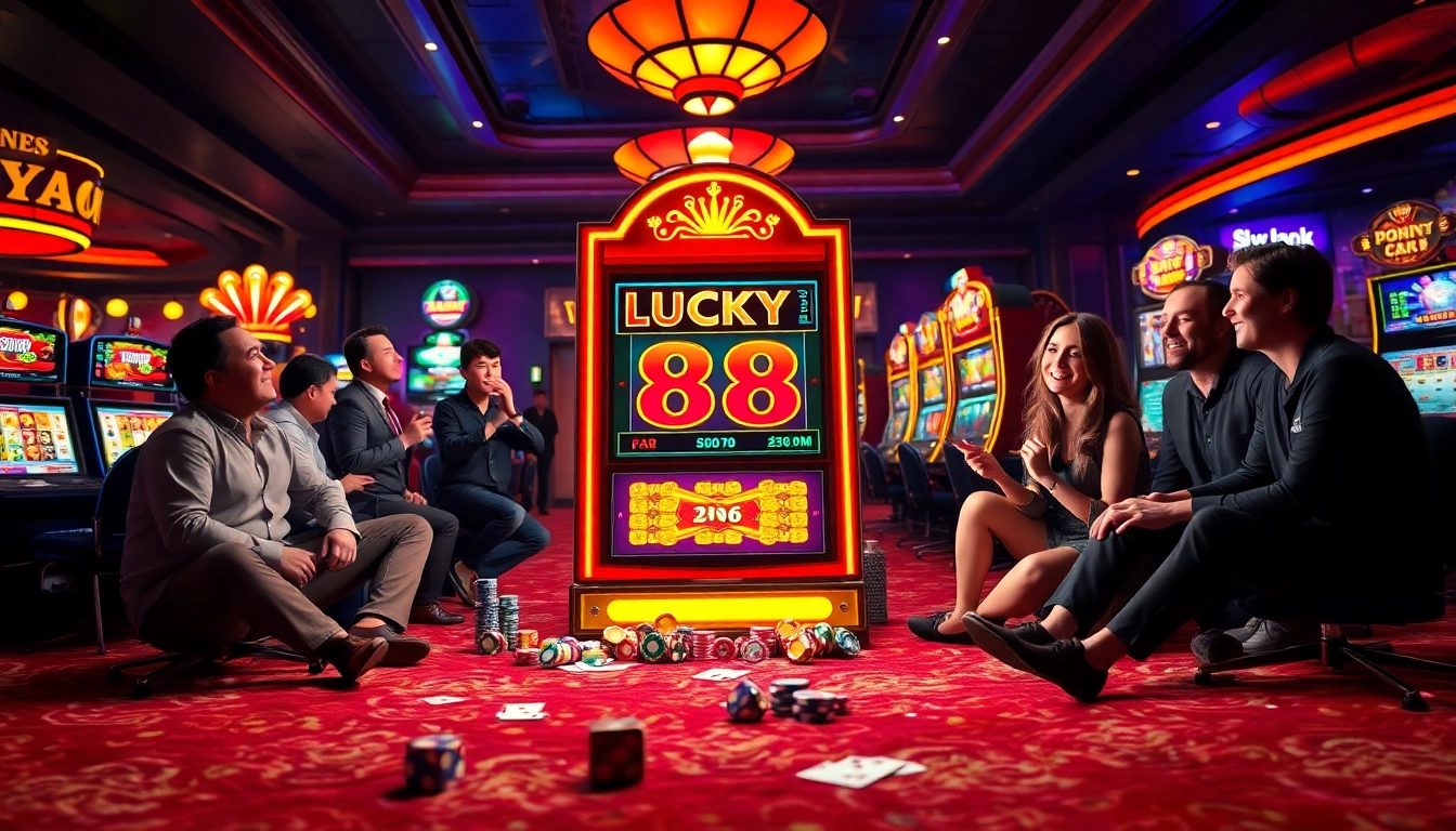 Players experiencing the thrill of the LUCKY88 slot machine in a vibrant casino setting.