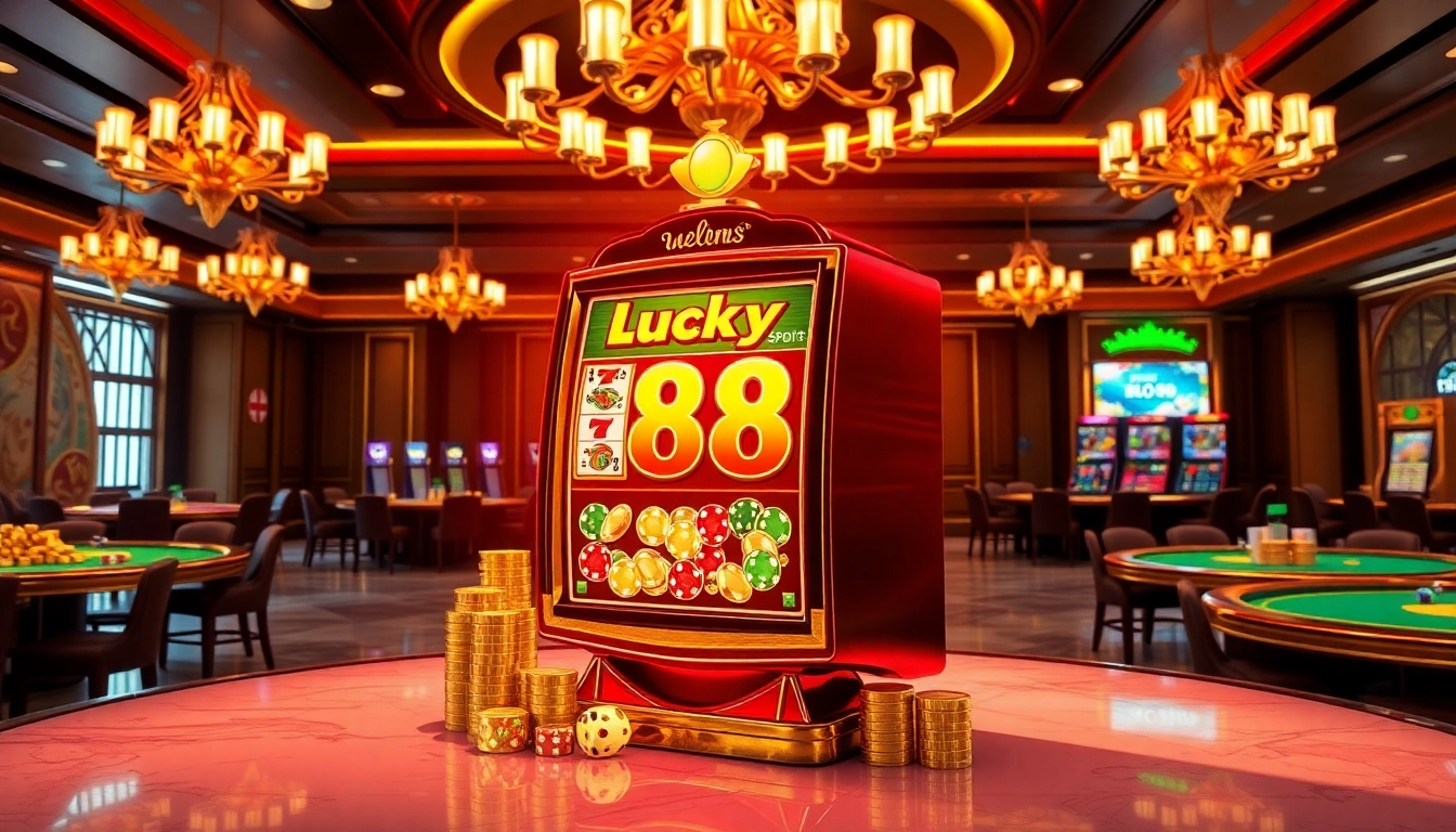 Experience the excitement of playing the Lucky 88 slot machine in a luxurious casino setting with vibrant colors and atmospheric lighting.