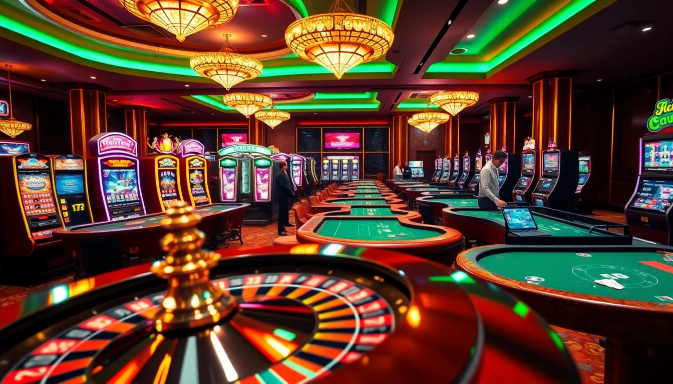 Exciting casino scene showcasing keonhacai, vibrant tables, roulette wheel, and digital betting.