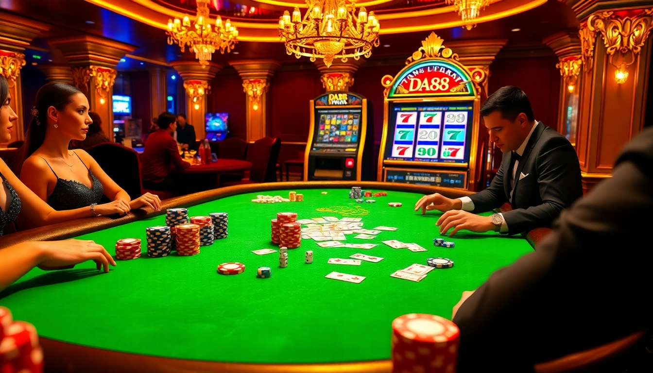 Exciting casino scene with DA88 prominently featured on a colorful slot machine