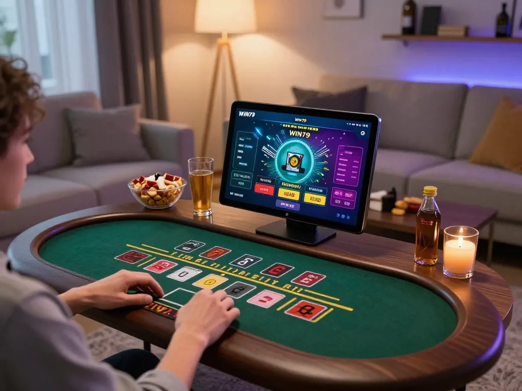 Engaging in live dealer blackjack with the WIN79 app in a cozy home gaming setup.