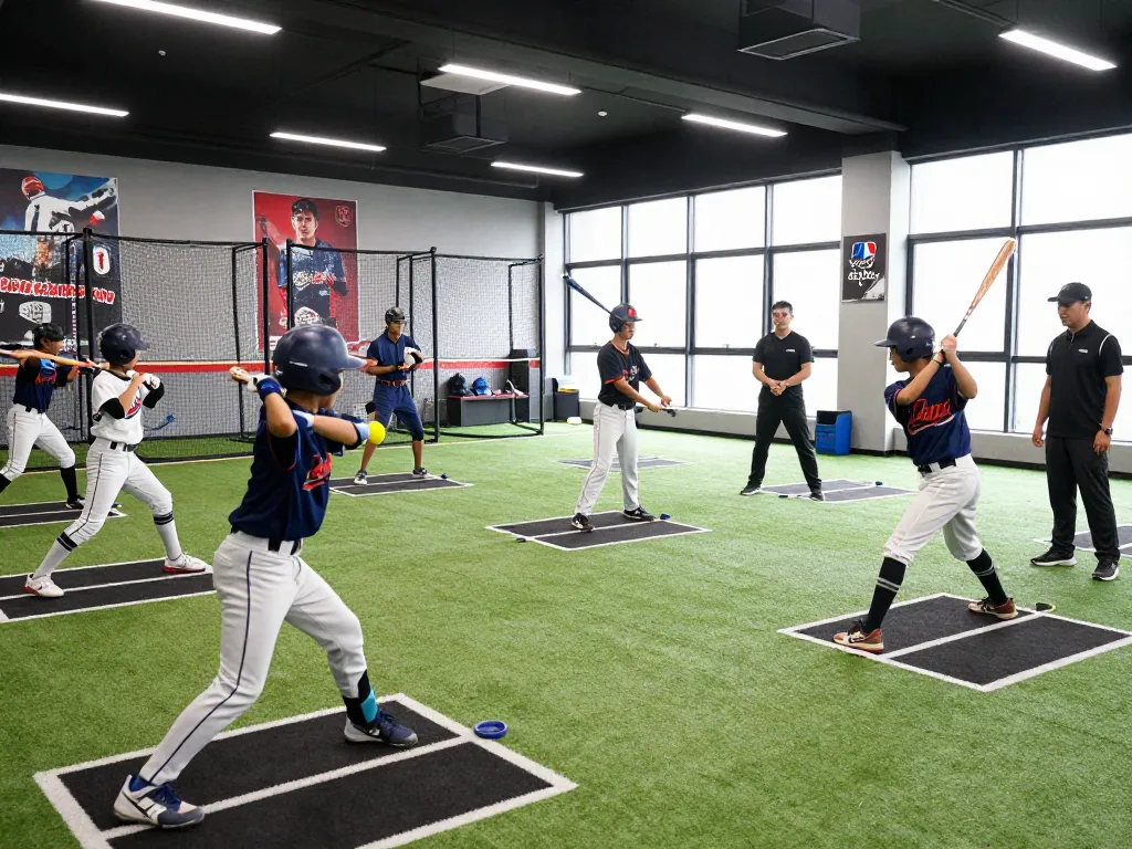 Athletes training at Hitclub baseball facility, showcasing teamwork and modern equipment.