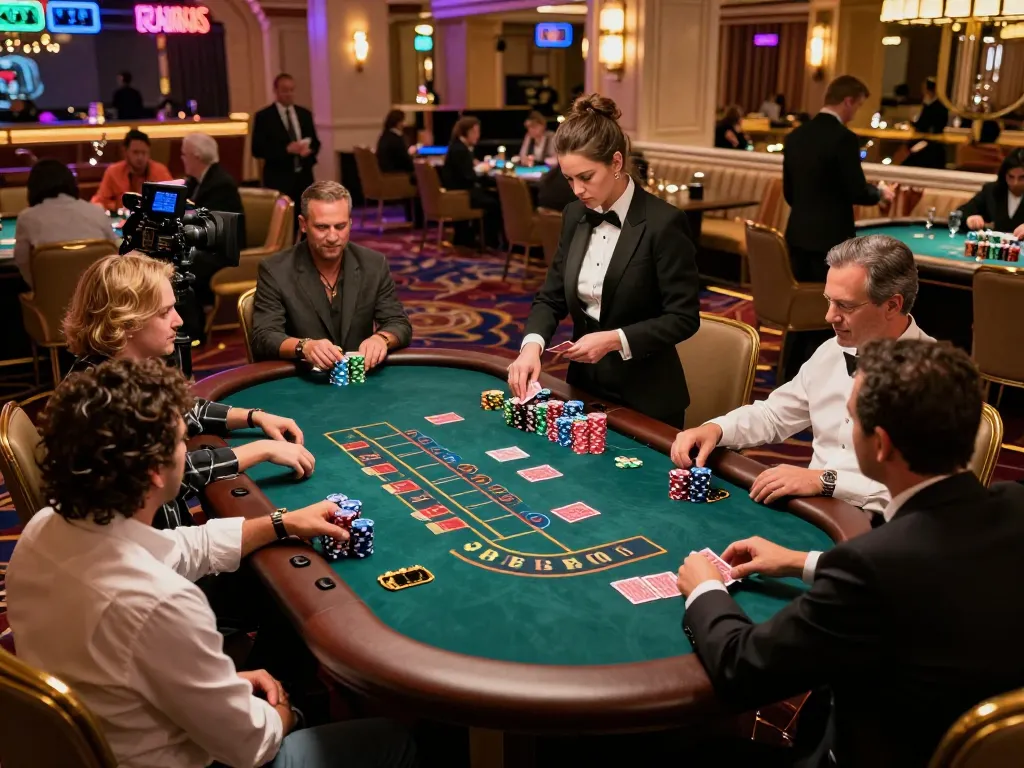 Go8 blackjack table in a vibrant Vegas casino, showcasing players placing bets and a dealer managing the game
